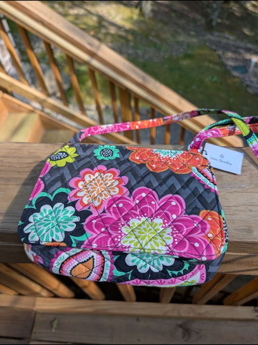Vera Bradley Quilted Floral Crossbody - Pink, Green & Orange on Black NWT